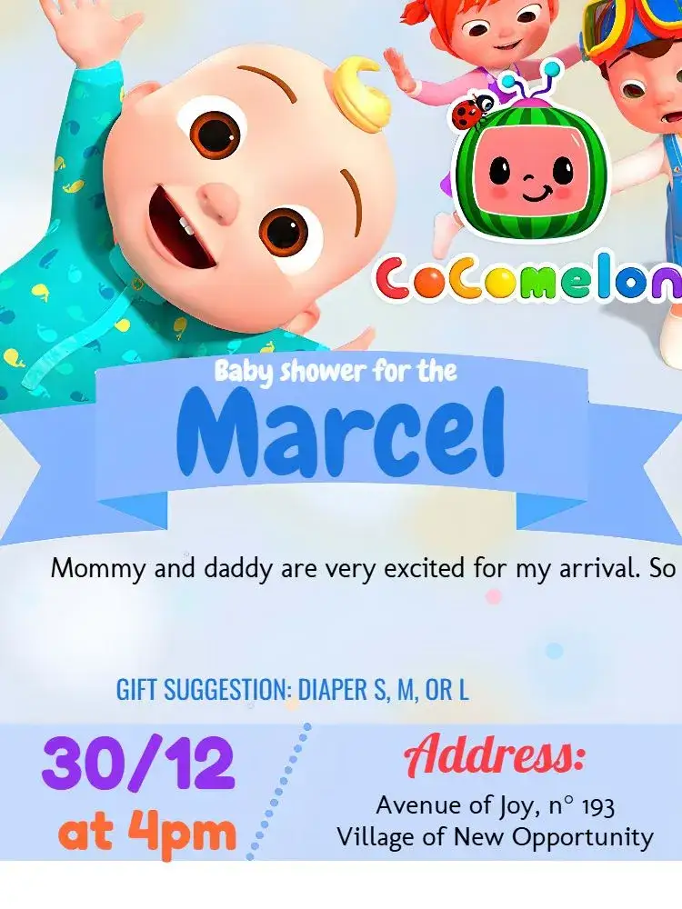 Invitation Cocomelon Baby Shower Girl – Diaper Shower theme Cocomelon, colorful, fun, childish, playful design, modern