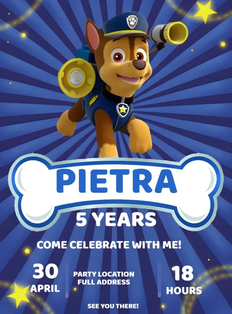 Invitation Paw Patrol Chase Gray – Kids' Birthday Party theme gray, blue, animals, children's theme, modern, fun
