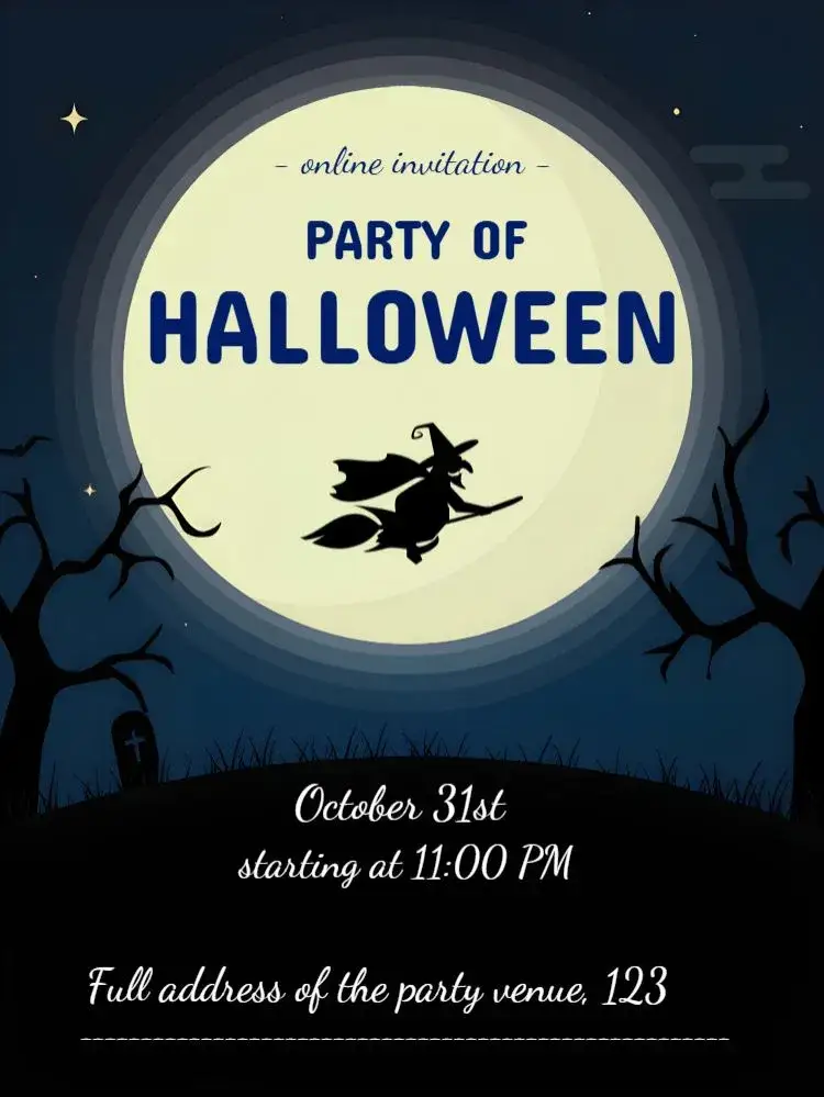 Invitation Halloween Costume Party – Commemorative Dates theme dark colors, Halloween graphic elements, fun style, witch illustrations, pumpkins, ghosts