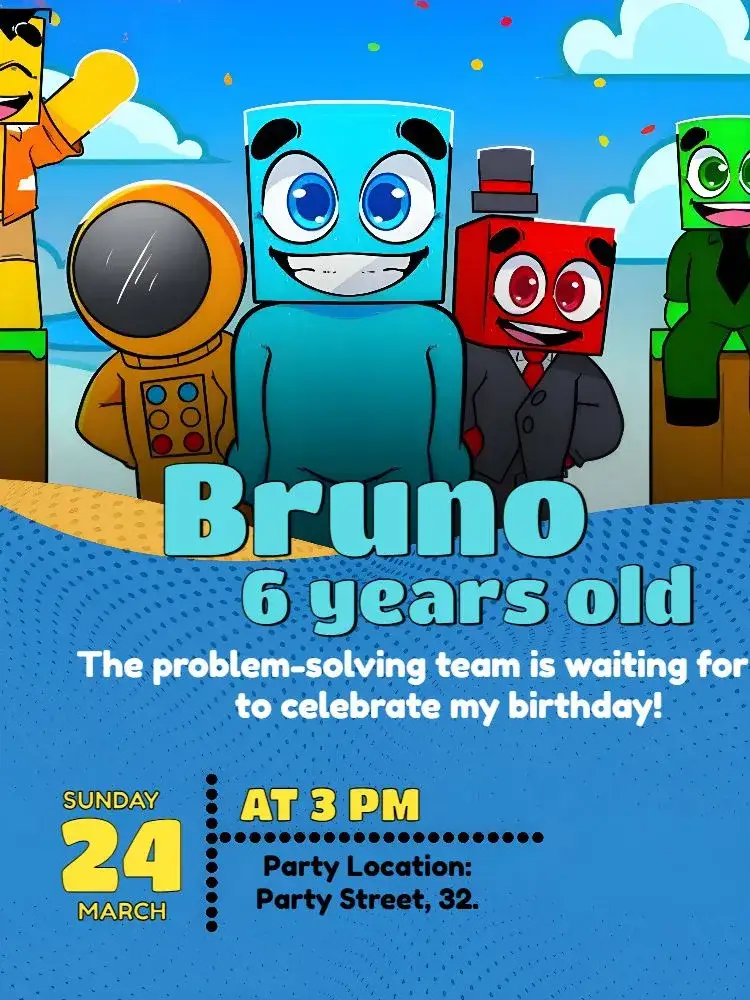 Invitation Turma Do Problems Problema – Kids' Birthday Party theme colorful, childish, modern, fun, animated illustrations, issue-themed
