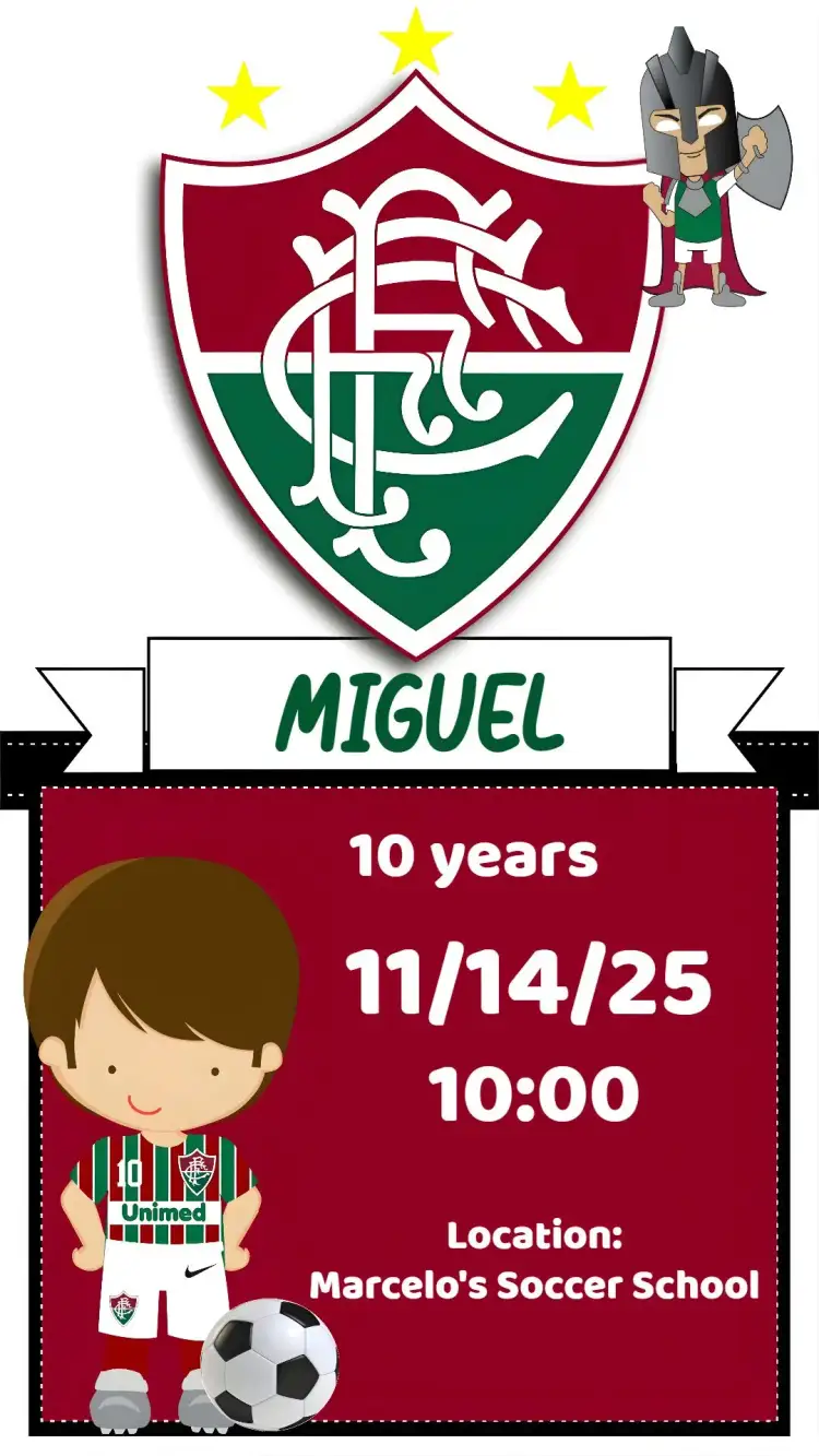 Invitation Fluminense – Birthday theme vibrant colors, sporty style, football graphic elements, modern design, Carioca theme