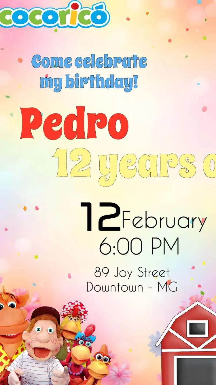 Invitation Cocoricó Cocó – Kids' Birthday Party theme colorful, rural, fun, childish, themed