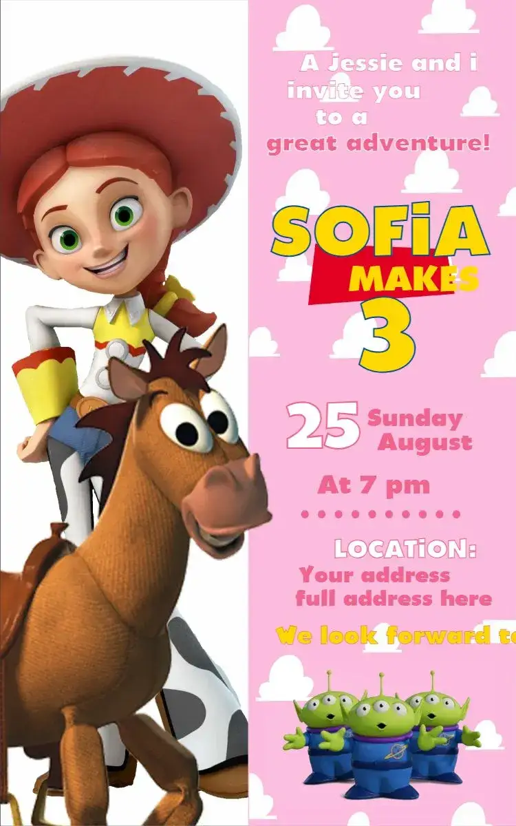 Invitation Jessie 2 – Birthday theme colorful, fun, childlike, playful illustrations, cartoon style, themed party