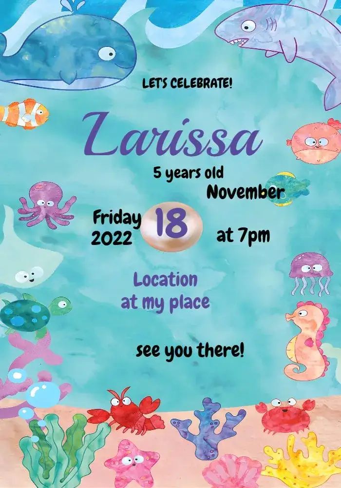 Invitation Underwater Watercolor Kids – Kids' Birthday Party theme watercolor, navy blue, colorful, fun, themed, childlike