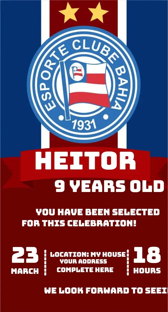 Invitation Esporte Clube Bahia 1 – Birthday theme sporty, vibrant, blue and red, modern, fun