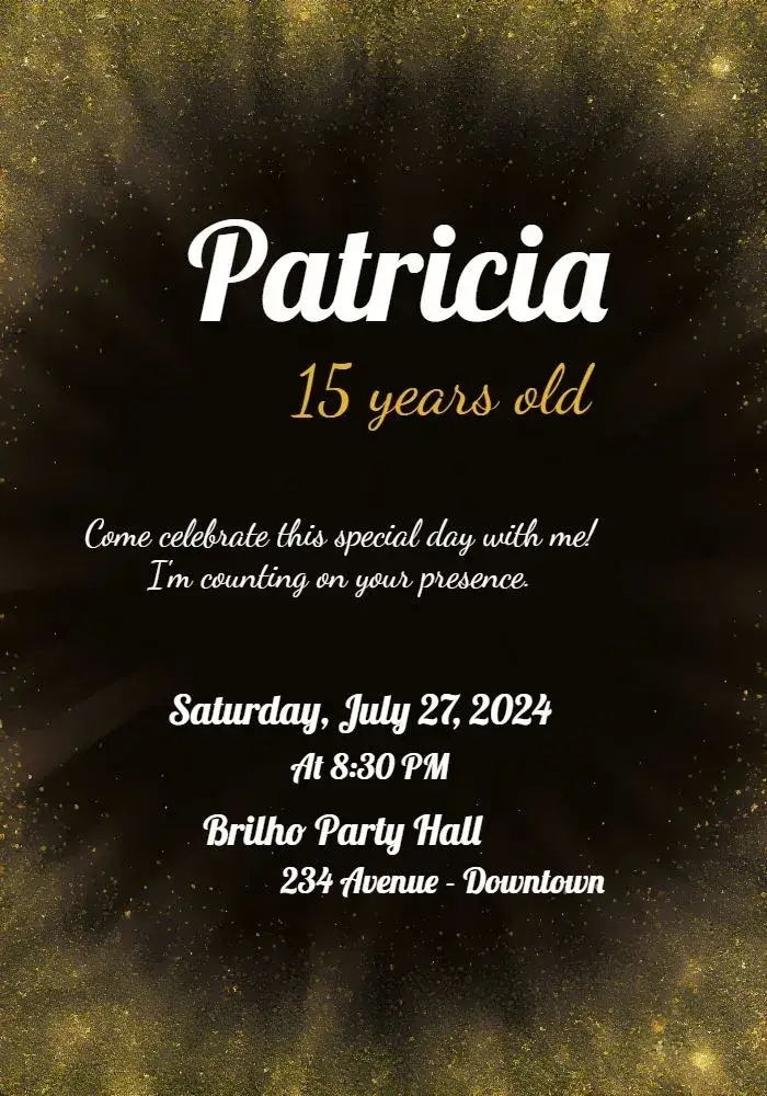 Invitation 15 Years Black Glitter – Birthday theme glitter, luxurious, modern, black and gold, elegant party, sophisticated design
