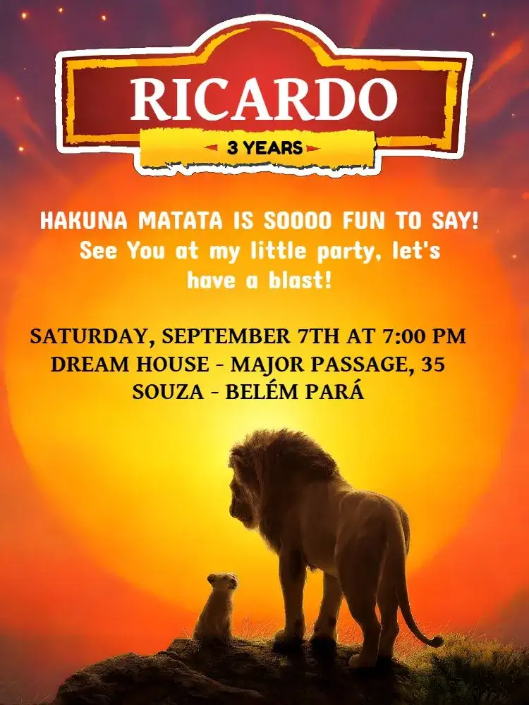 Invitation Orange Lion King – Kids' Birthday Party theme colorful, forest-themed, animals, vibrant, fun, themed