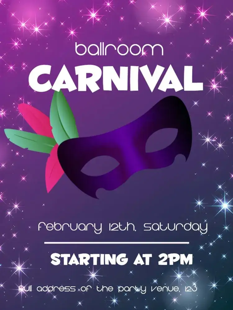 Invitation Carnival Mask Ball – Commemorative Dates theme carnival, masks, purple and white, vibrant, festive, fun