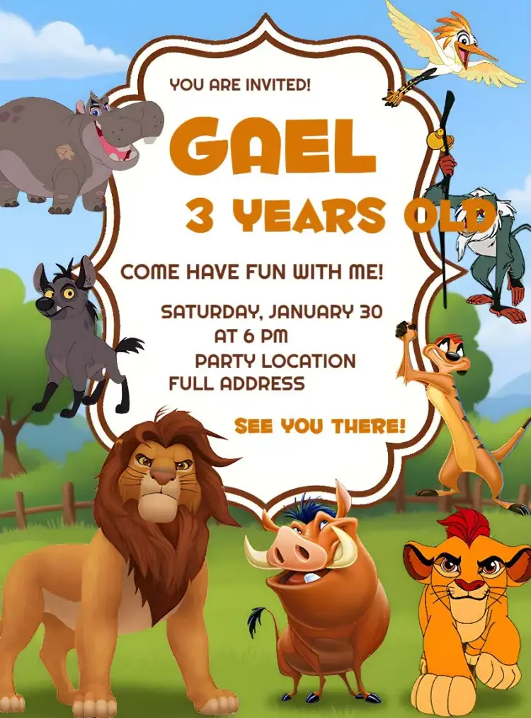 Invitation Pumbaa Lion King – Kids' Birthday Party theme colorful, savannah animals, watercolor, fun, tropical, children's illustrations