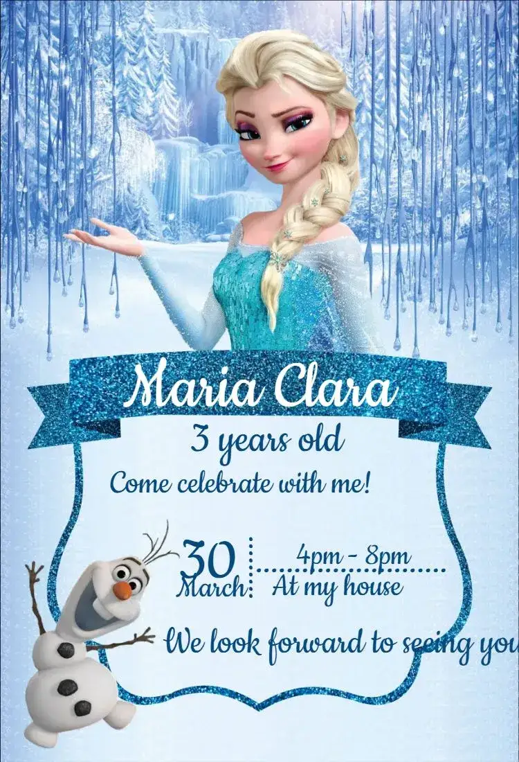 Invitation Elsa 1 – Birthday theme light blue, snow, fantasy, colorful illustrations, ice elements, playful style