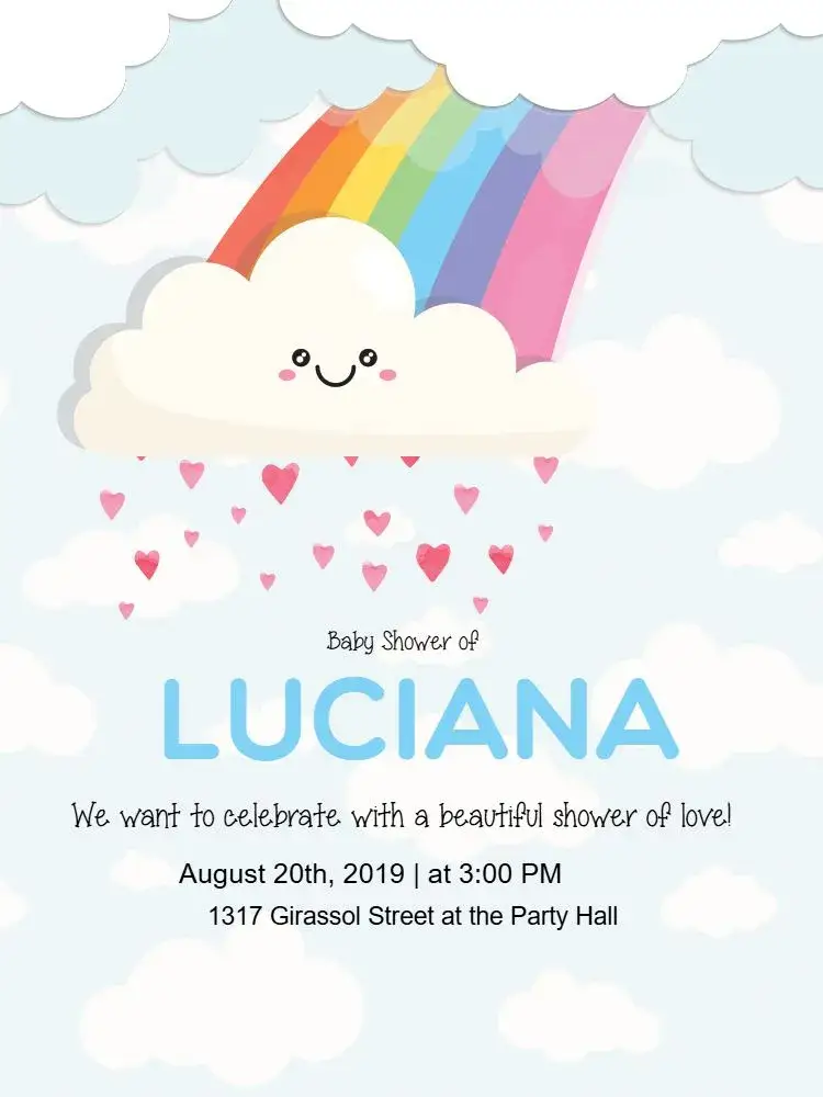 Invitation Shower Of Love Celebration – Diaper Shower theme hearts, clouds, rainbows, childlike style, soft colors, playful design