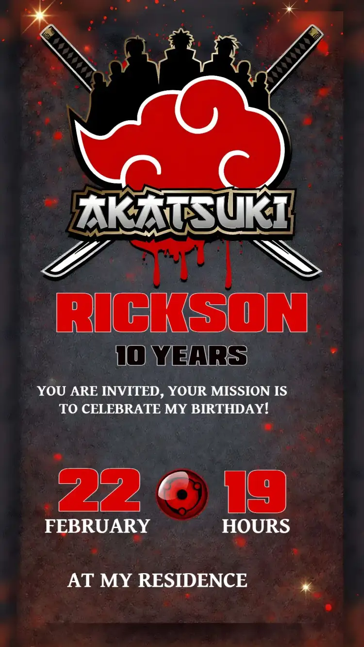 Invitation Akatsuki Black Naruto – Kids' Birthday Party theme black and red, ninja, anime, modern, fun