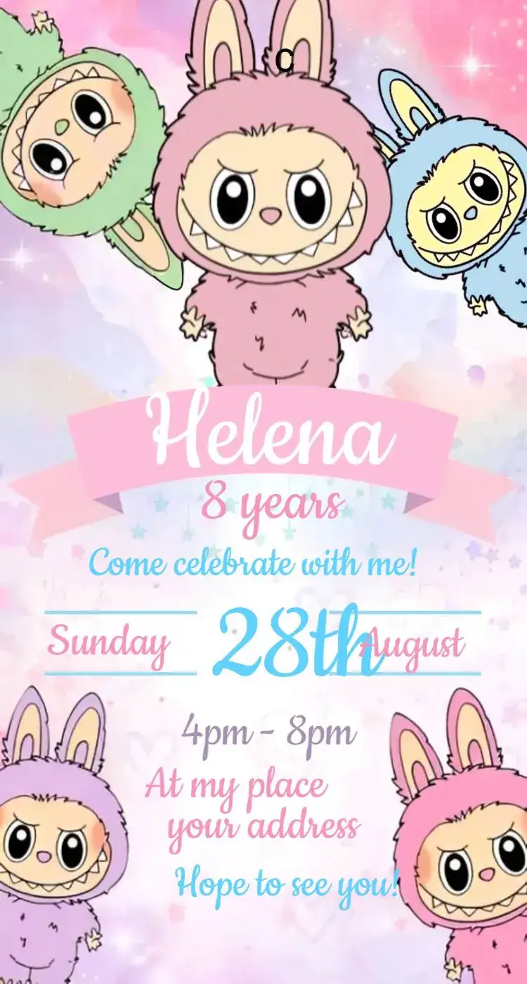 Invitation Labubu 1 – Birthday theme pink, playful, colorful, childlike, fun, modern