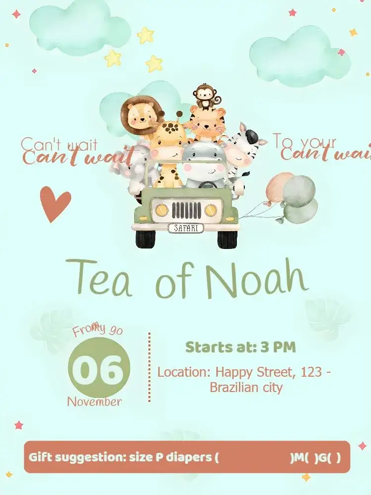 Invitation Safari Baby Shower – Diaper Shower theme safari, animals, green, brown, adventure, natural