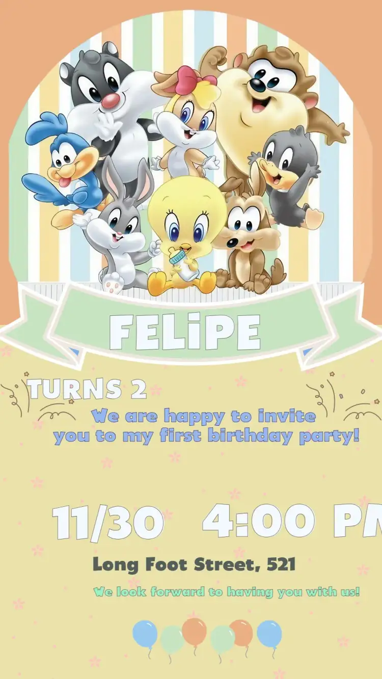 Invitation Invite Looney Tunes Baby Long – Most searched for theme colorful, fun, childish, cartoon illustrations, playful, festive