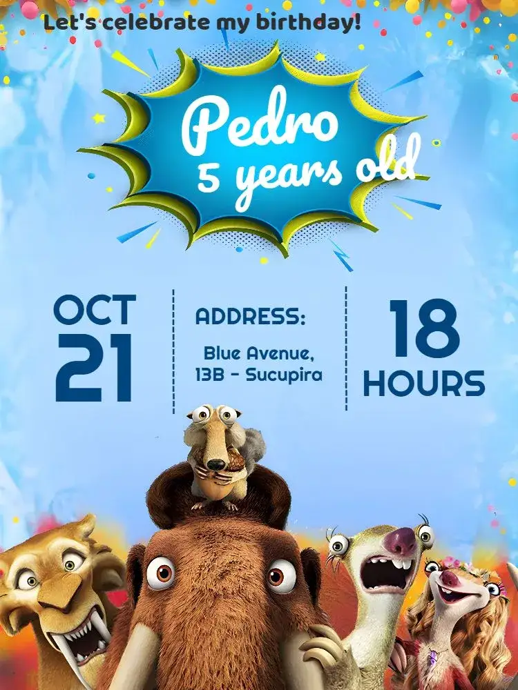Invitation The Ice Age Meni – Kids' Birthday Party theme blue, cartoon-themed, ice elements, fun, colorful, childish