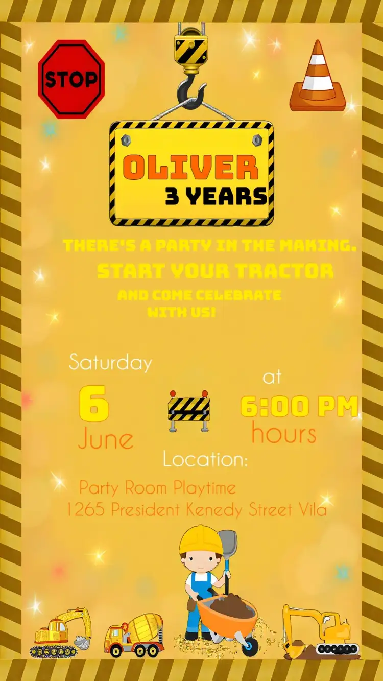 Invitation Tractor Construction – Raffle Tea theme vibrant colors, modern style, graphic construction elements, fun design, childish theme, playful aesthetic