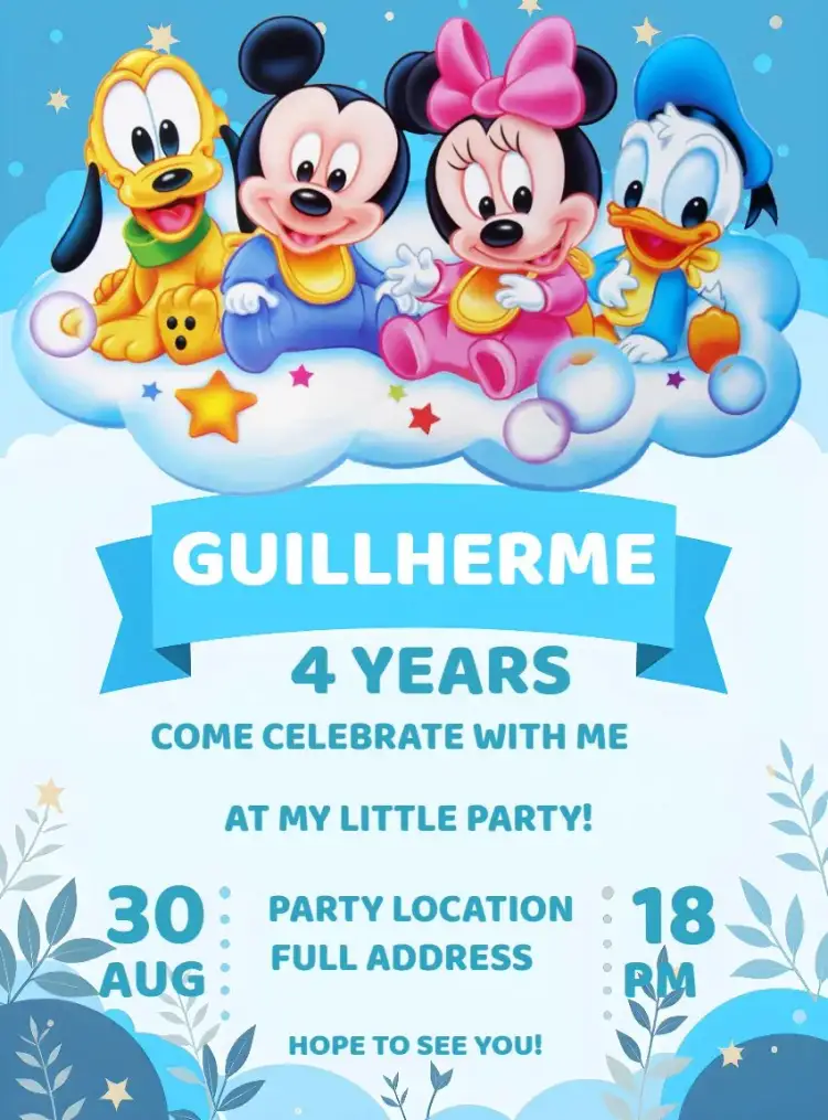 Invitation Mickey Baby Blue Class – Kids' Birthday Party theme light blue, fun, childish, colorful, animated illustrations, Mickey Mouse