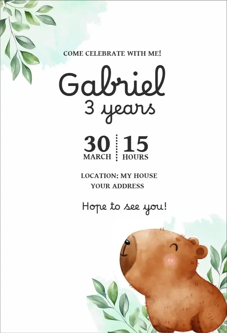 Invitation Capivara boy 1 – Birthday theme colorful, fun, playful, childlike, nature-themed, animals