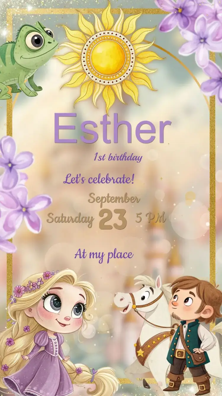 Invitation Rapunzel Birthday Invitation – Kids' Birthday Party theme vibrant colors, fairy tale elements, princess illustrations, childlike style, cheerful design, floral details