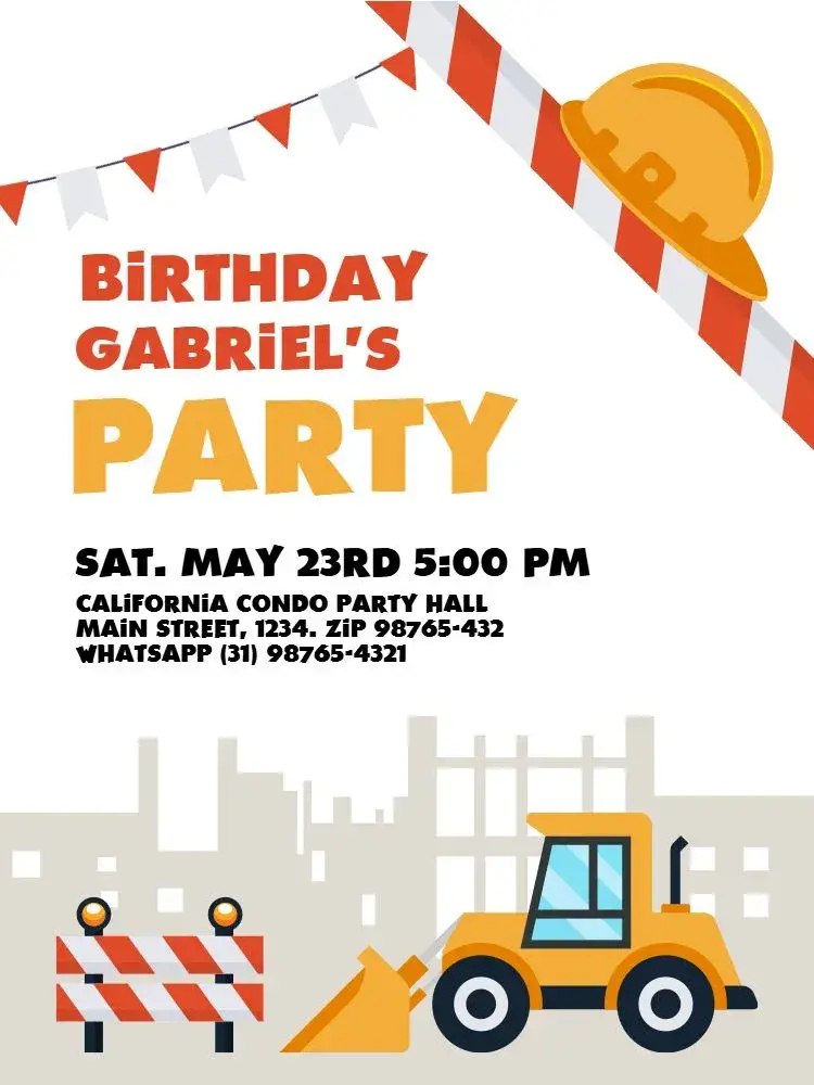 Invitation Construction Tractor Celebration – Kids' Birthday Party theme playful, colorful, themed, childlike, fun, constructional