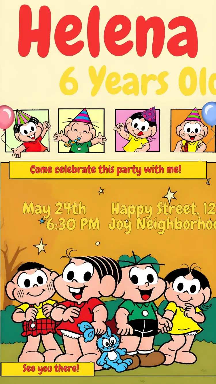 Invitation Turma Da Mônica Magali – Kids' Birthday Party theme colorful, childish, fun, illustrations, cartoon, themed party