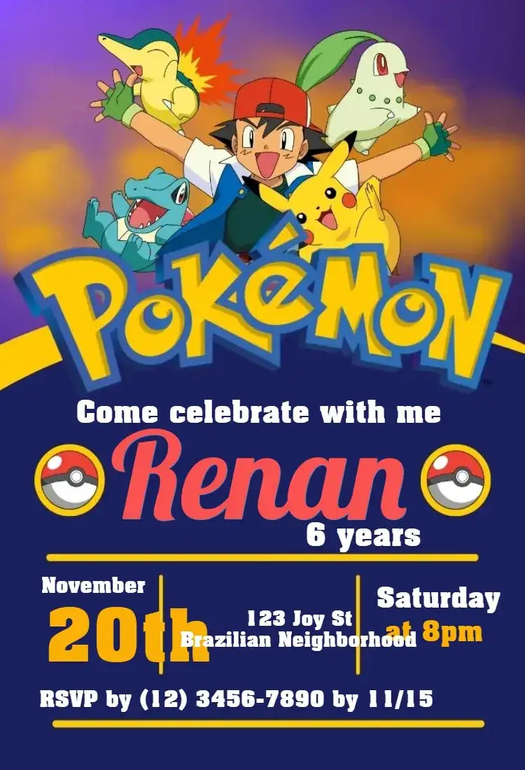 Invitation Pokemon – Kids' Birthday Party theme colorful, fun, modern, illustrative, thematic, playful