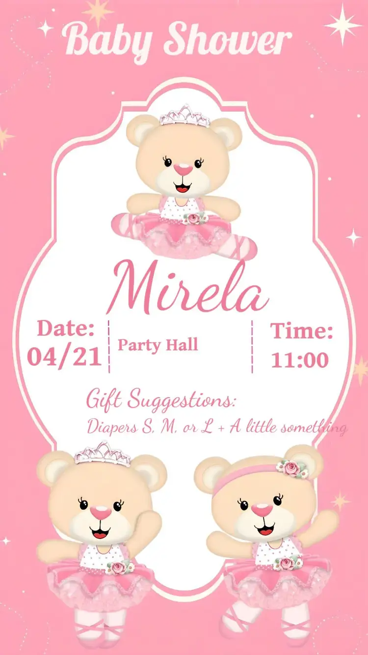 Invitation Baby Ballerina Bear Diaper Shower – Diaper Shower theme pink, ballerina, playful, childlike, delicate