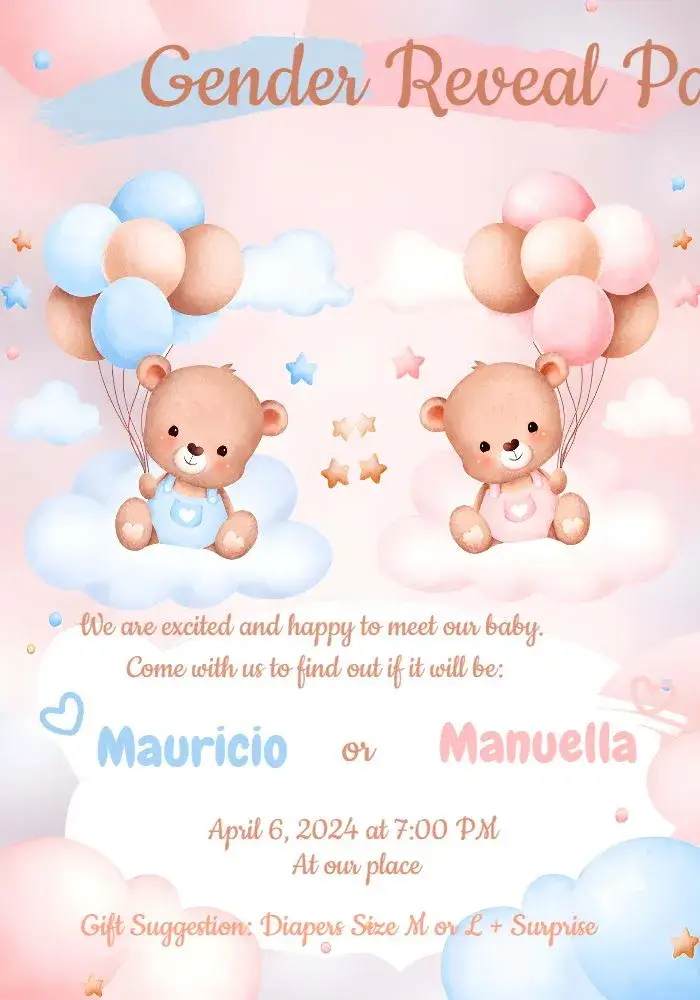 Teddy Bear Balloonist Pink Gender Reveal Party invitation
