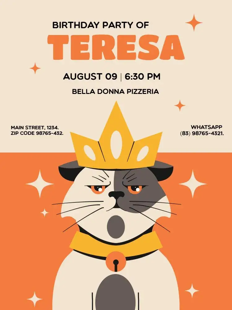 Invitation Funny Orange Cat – Kids' Birthday Party theme modern, fun, colorful, childish, vibrant