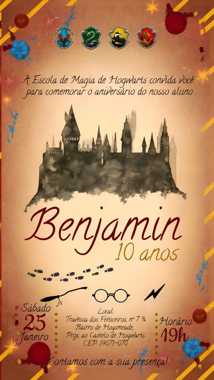 Invitation Harry Potter Hogwarts – Kids' Birthday Party theme magical, themed, vibrant, colorful, fantasy, childish