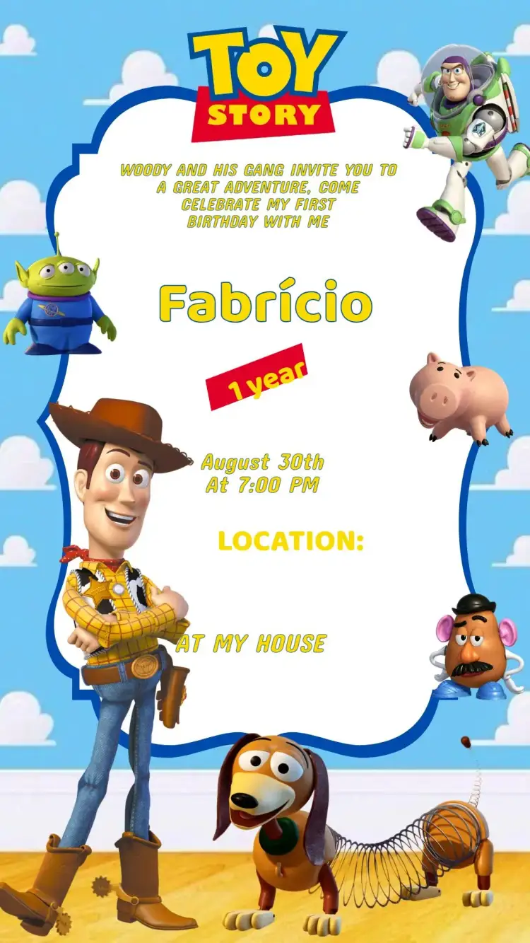 Invitation Toy Story Birthday Invitation – Kids' Birthday Party theme colorful, fun, character illustrations, cartoon style, adventure theme, themed party
