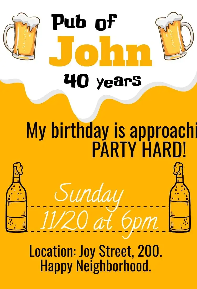 Invitation Boteco Beer Birthday – Birthday theme pub-style, warm colors, beer illustrations, barbecue elements, fun design, casual aesthetic