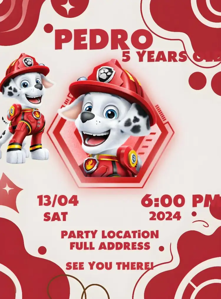 Invitation Paw Patrol Marshall Hero – Kids' Birthday Party theme red, fun, childish, adventure, colorful, themed