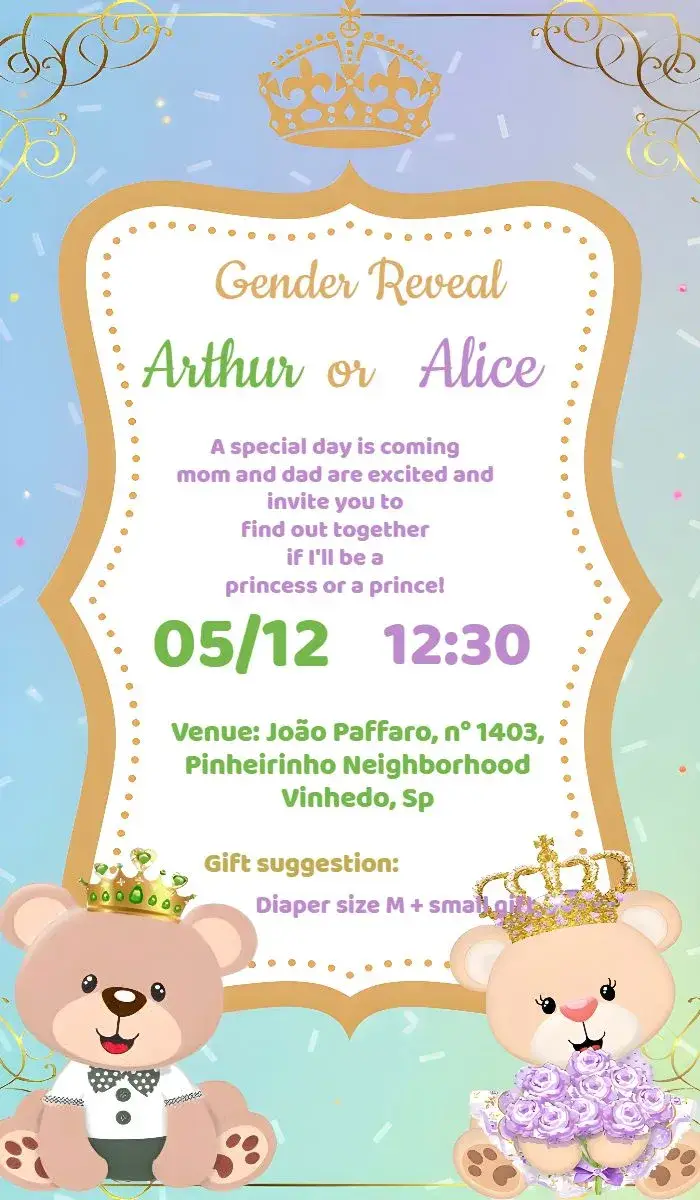 Invite Green Teddy Bear and Purple Teddy Bear Diapers Gender Reveal Party editable and customizable