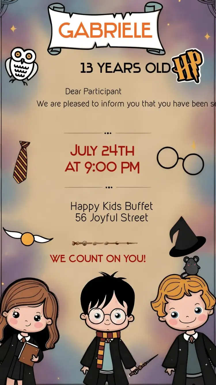 Invitation Harry Potter Hermione – Kids' Birthday Party theme magical, adventure, fantasy, colorful, themed, fun