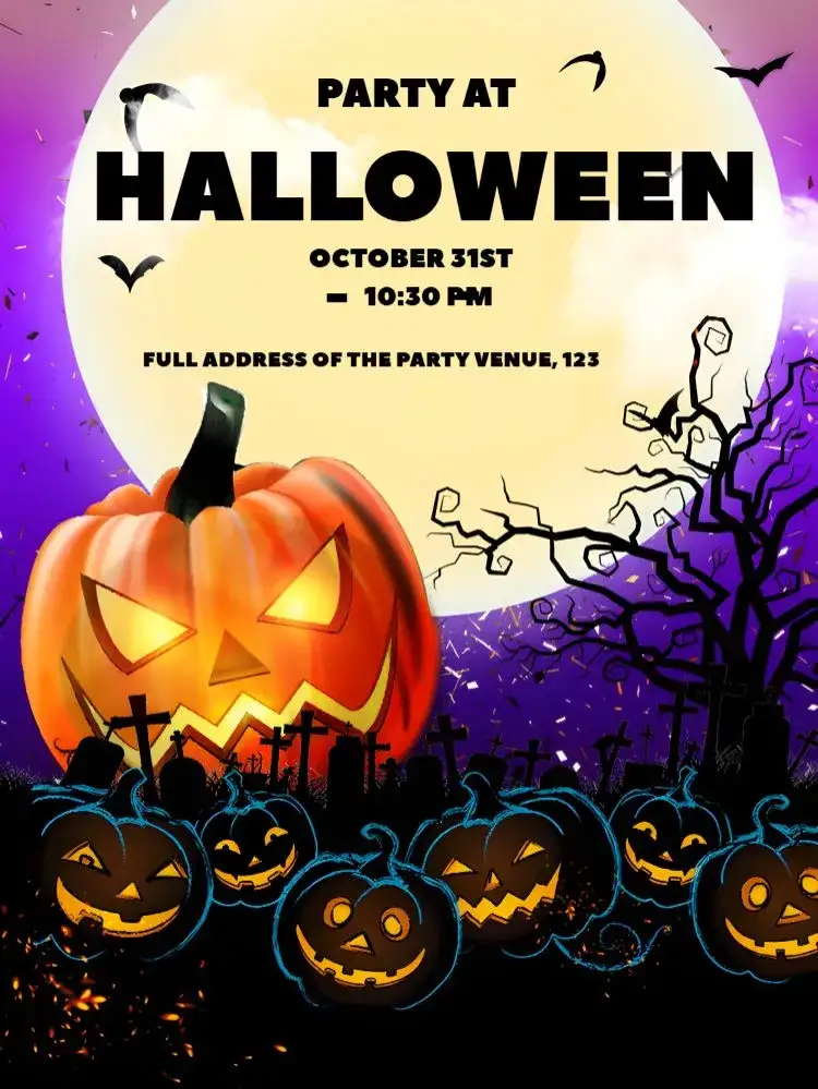 Invitation For Purple Halloween Party – Commemorative Dates theme purple and orange, Halloween theme, witches graphic elements, pumpkins, fun and mysterious, festive