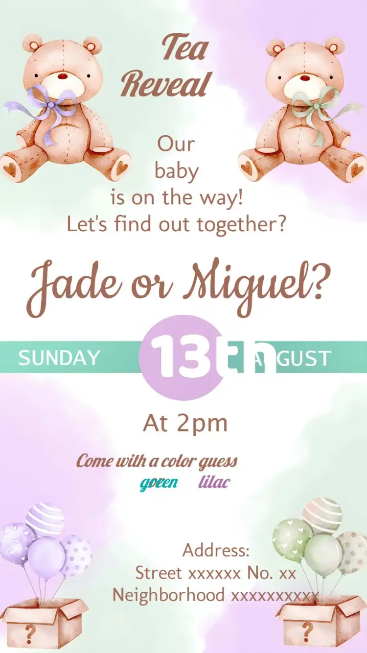 Invitation Teddy Bears Children's Gender Reveal Party – Kids' Birthday Party theme teddy bears, green, lilac, playful, childlike, cute