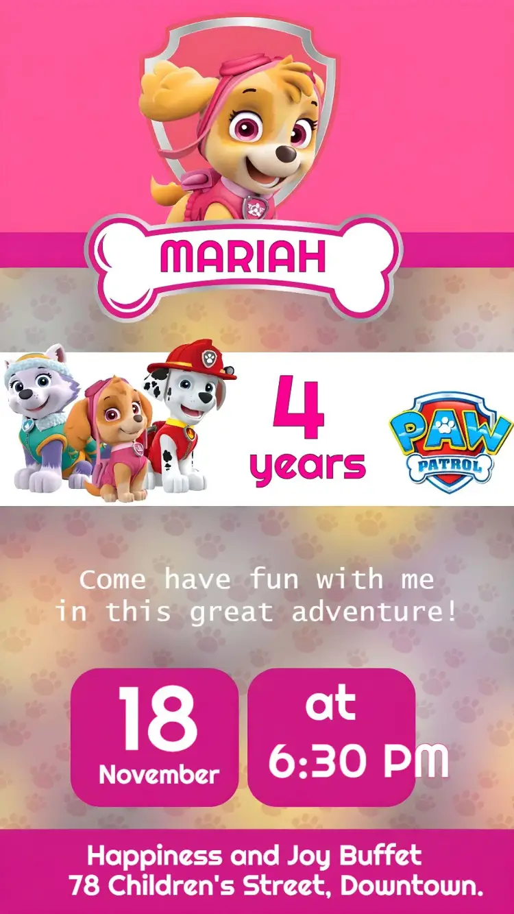 Pink Paw Patrol invitation