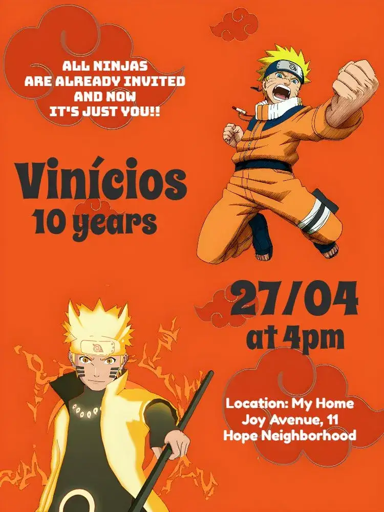 Invitation Black Naruto – Kids' Birthday Party theme black, golden, anime, ninja, themed