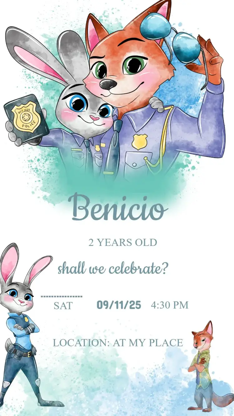 Invite Zootopia Birthday Invitation editable and customizable