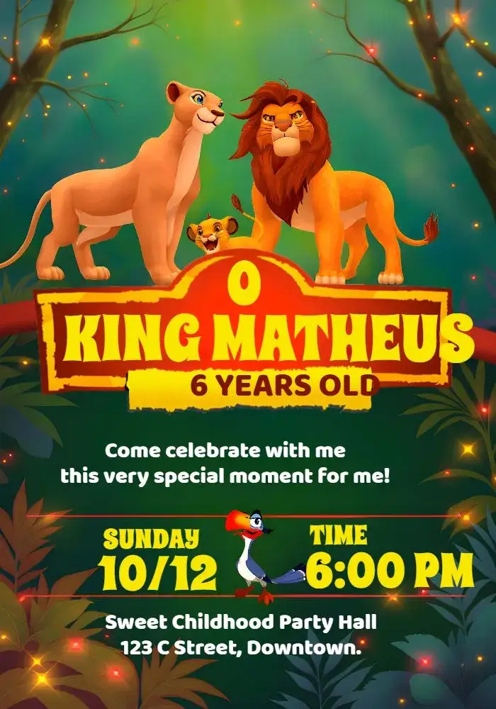 Invitation Rei Leão Nala – Kids' Birthday Party theme colorful, themed, fun, childish, jungle
