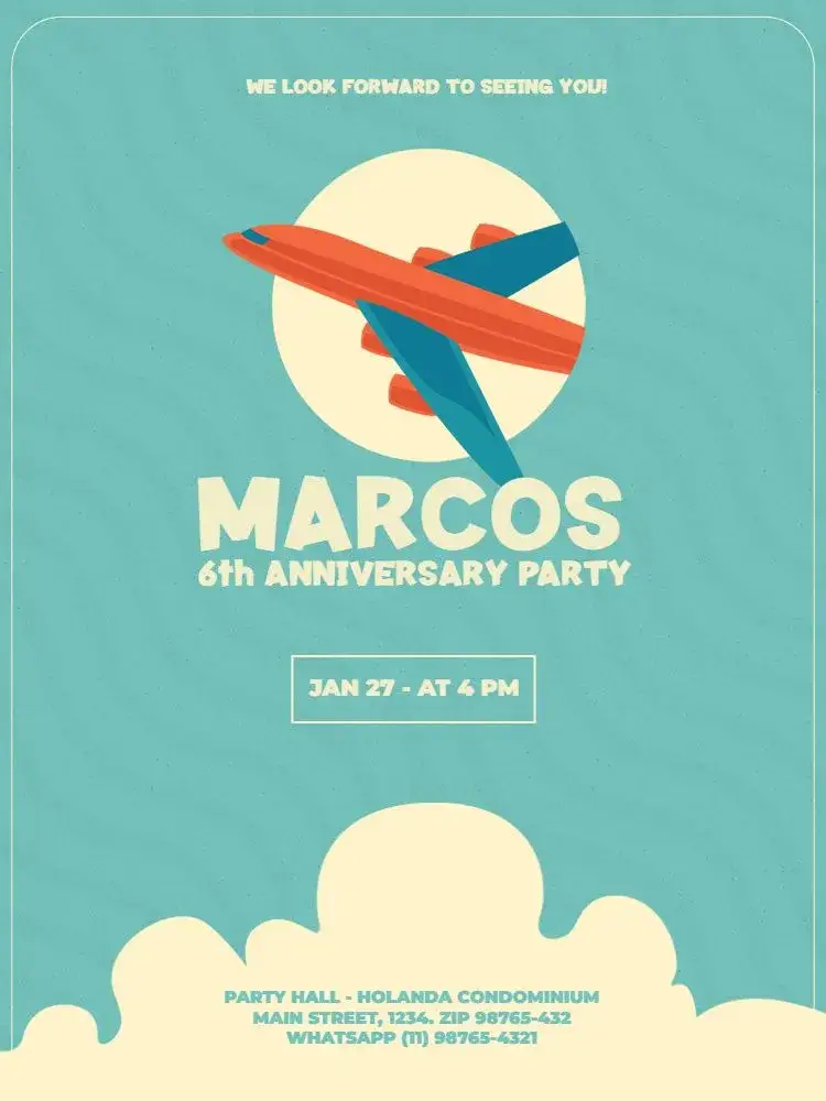Invitation Boys Blue Airplane Kids Meeting – Kids' Birthday Party theme blue, playful, aerospace-themed, clouds, modern, fun