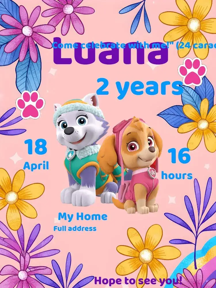 Invitation PAW Patrol Online – Kids' Birthday Party theme vibrant colors, playful style, graphic elements from Paw Patrol, fun design, children's theme, colorful style