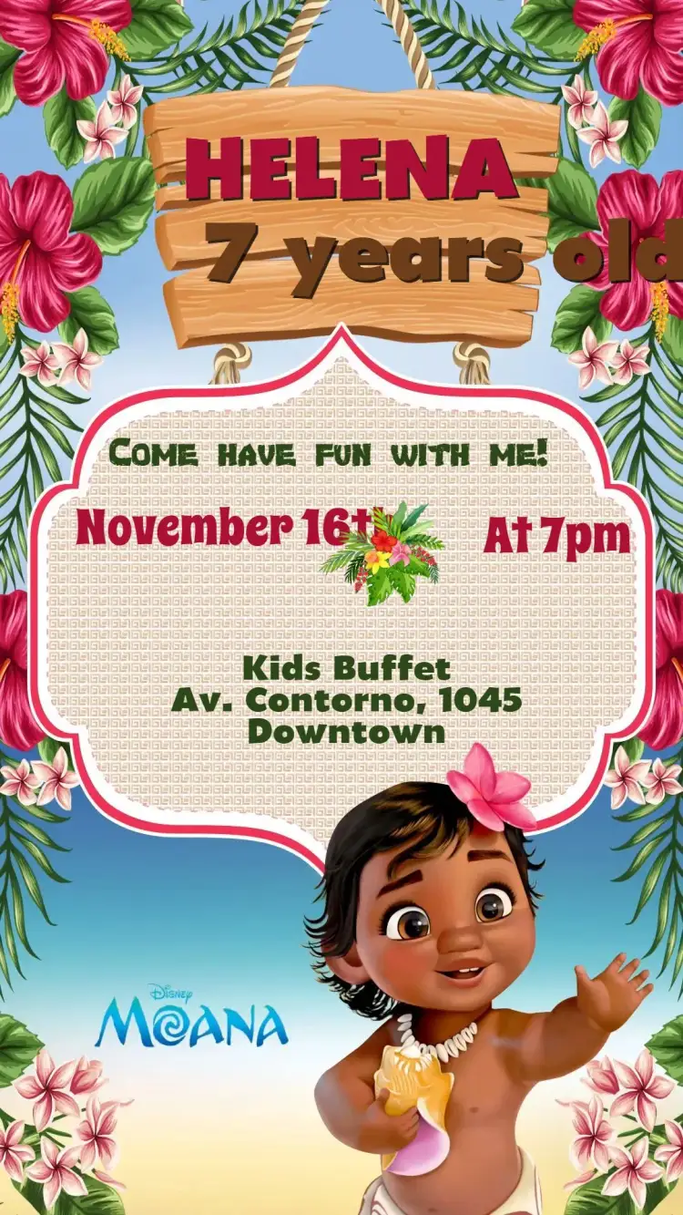 Invitation Moana – Kids' Birthday Party theme vibrant colors, tropical style, marine elements, adventure graphics, Disney-inspired, playful design