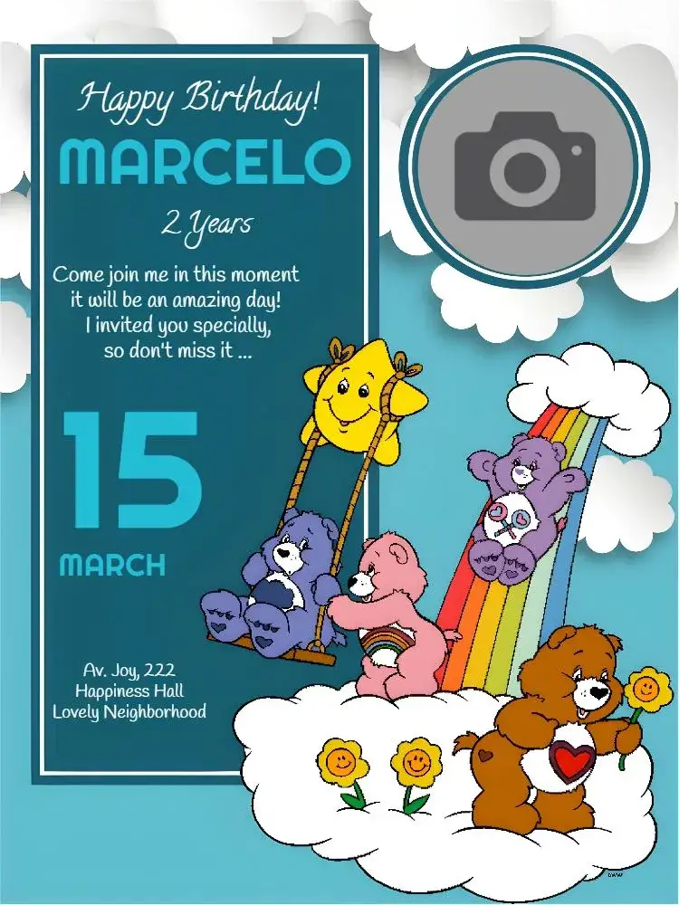 Invitation Care Bears With Photo Party – Kids' Birthday Party theme cute, colorful, childish illustrations, fun, playful