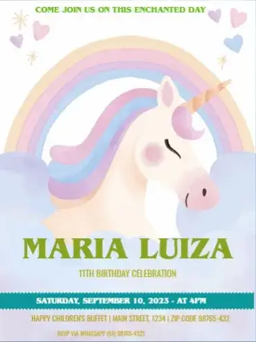 Invitation Unicorn and Rainbow Kids – Kids' Birthday Party theme vibrant colors, fun style, unicorn graphic elements, magical inspiration, colorful theme, playful atmosphere