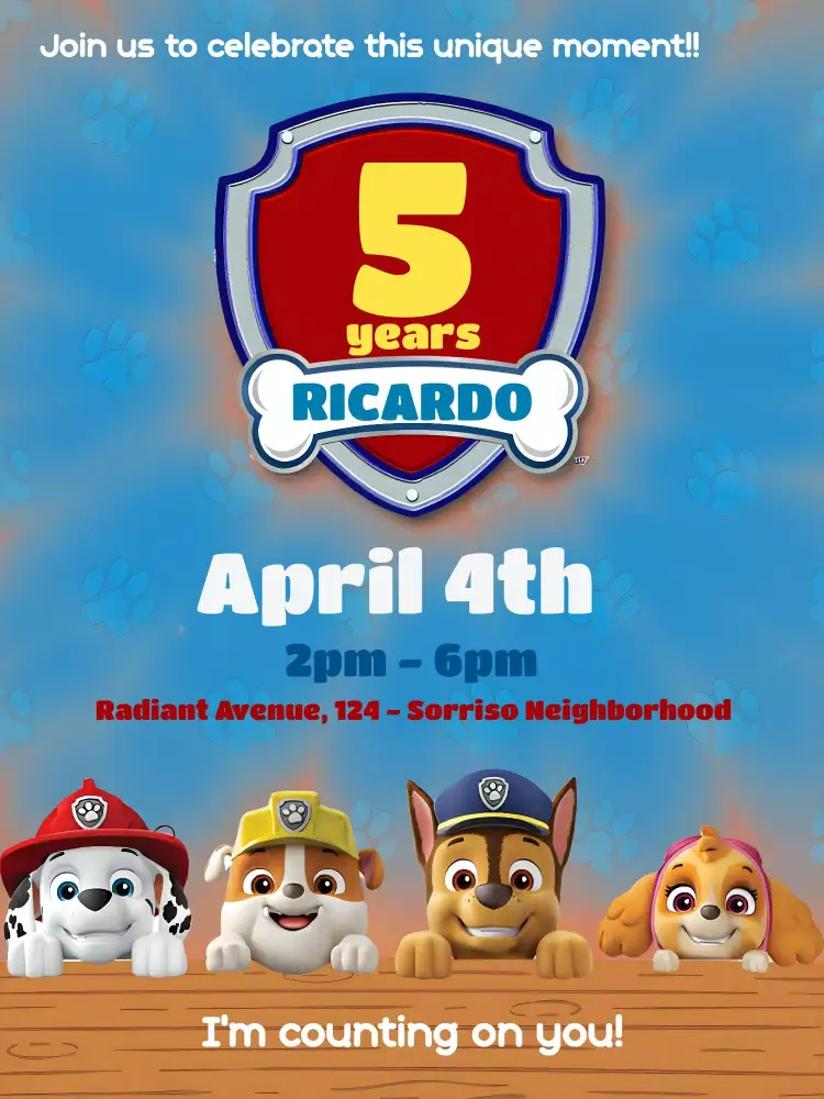 Invitation From Paw Patrol – Kids' Birthday Party theme colorful, fun, themed, childish, adventure