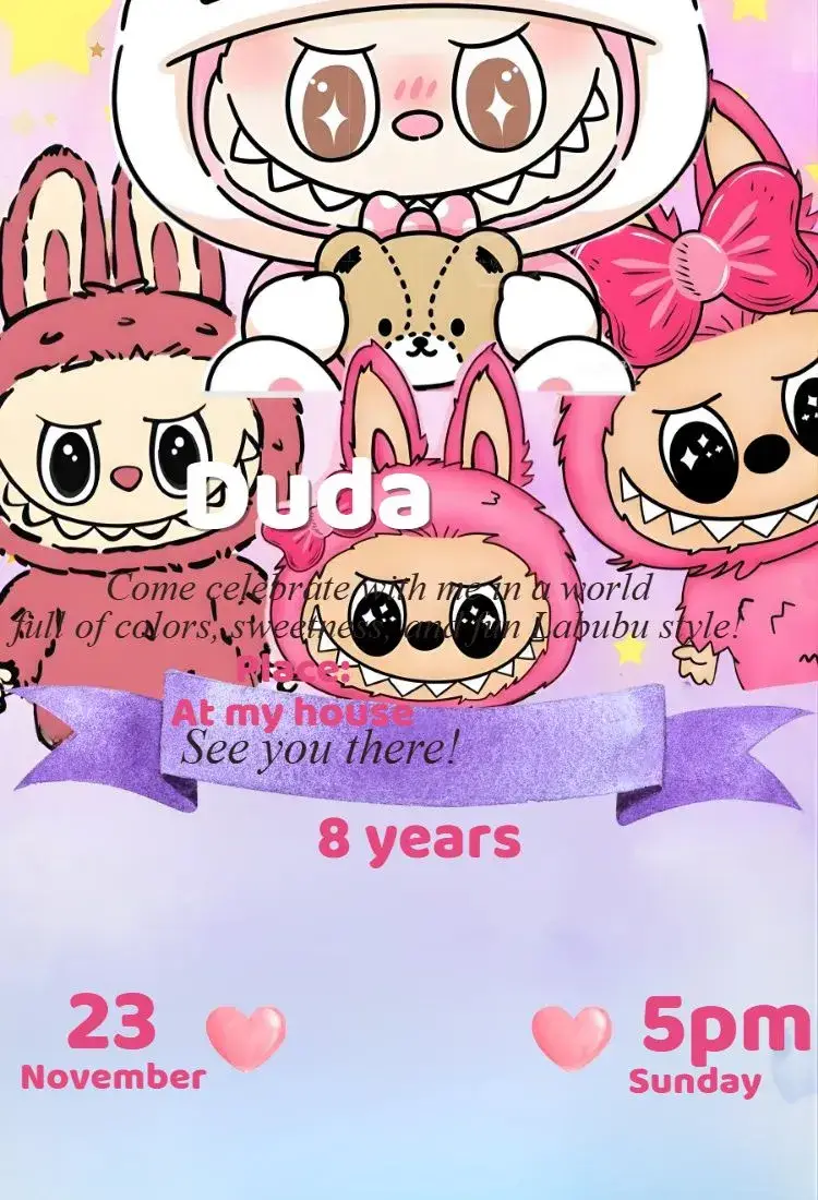 Invite Labubu Candy Color Digital Invitation editable and customizable