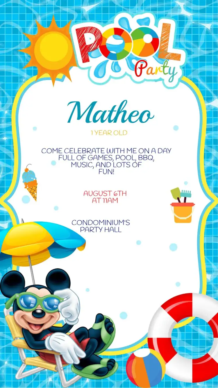 Children's Birthday Invitation Pool Party Mickey